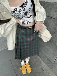 Plaid Pleated High Waist Flowy Midi Skirt — dettaglio del tessuto