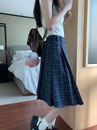 Plaid Pleated High Waist Flowy Midi Skirt — vista completa