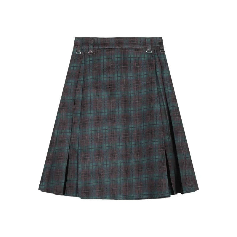 Plaid Pleated High Waist Flowy Midi Skirt — vista frontale