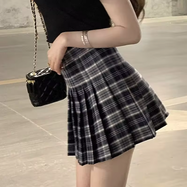 Plaid Pleated High Waist Mini Skirt — vista frontale