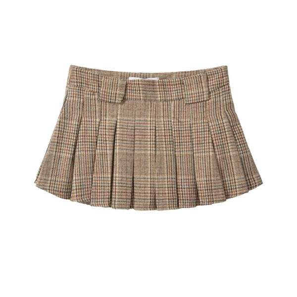 Plaid Pleated Khaki Mini Skirt — vista frontale