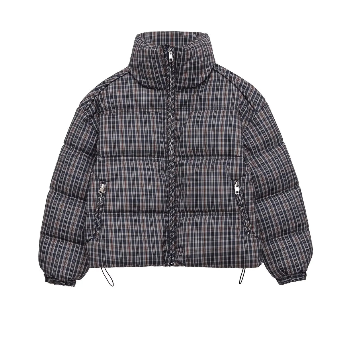 Plaid Stand Collar Padded Puffer Jacket Coat — vista frontale