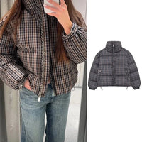 Plaid Stand Collar Padded Puffer Jacket Coat — vista posteriore