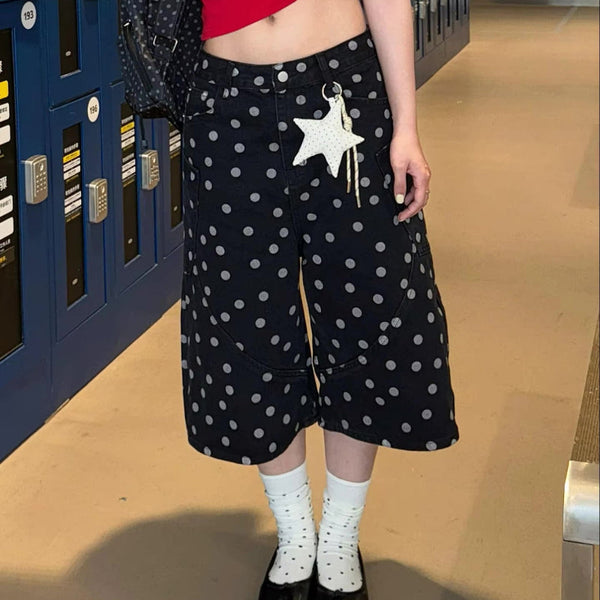 Polka Dot Graphic Wide Leg Shorts Jorts — vista frontale
