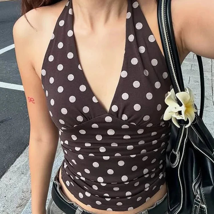 Polka Dot Low Cut Backless Halter Top — in alternativa