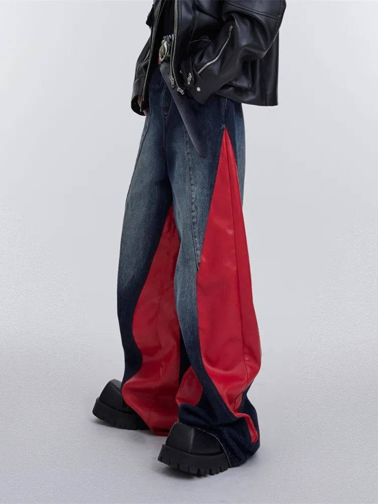 Pu Leather Patchwork Wide Leg Baggy Jeans — vista laterale