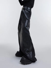 Pu Leather Patchwork Wide Leg Baggy Jeans — vista completa