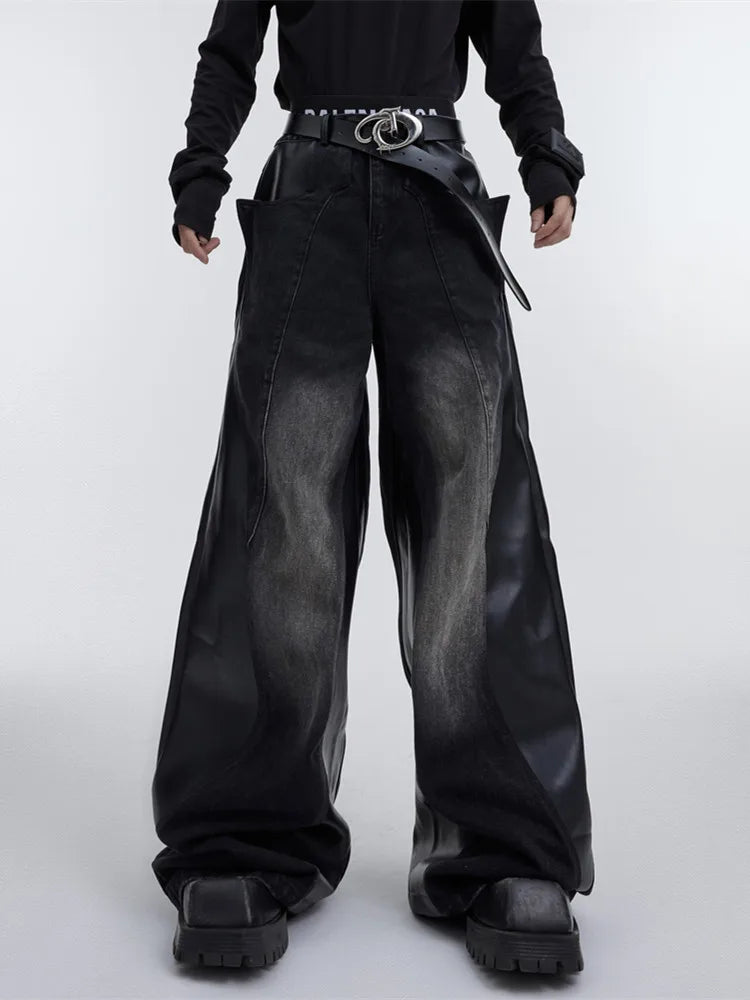 Pu Leather Patchwork Wide Leg Baggy Jeans — vista frontale