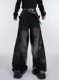 Pu Leather Patchwork Wide Leg Baggy Jeans — vista frontale
