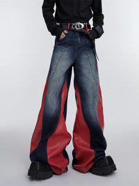 Pu Leather Patchwork Wide Leg Baggy Jeans — dettaglio
