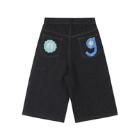 Rainbow Letter Baggy Jean Shorts Jorts — dettaglio del tessuto