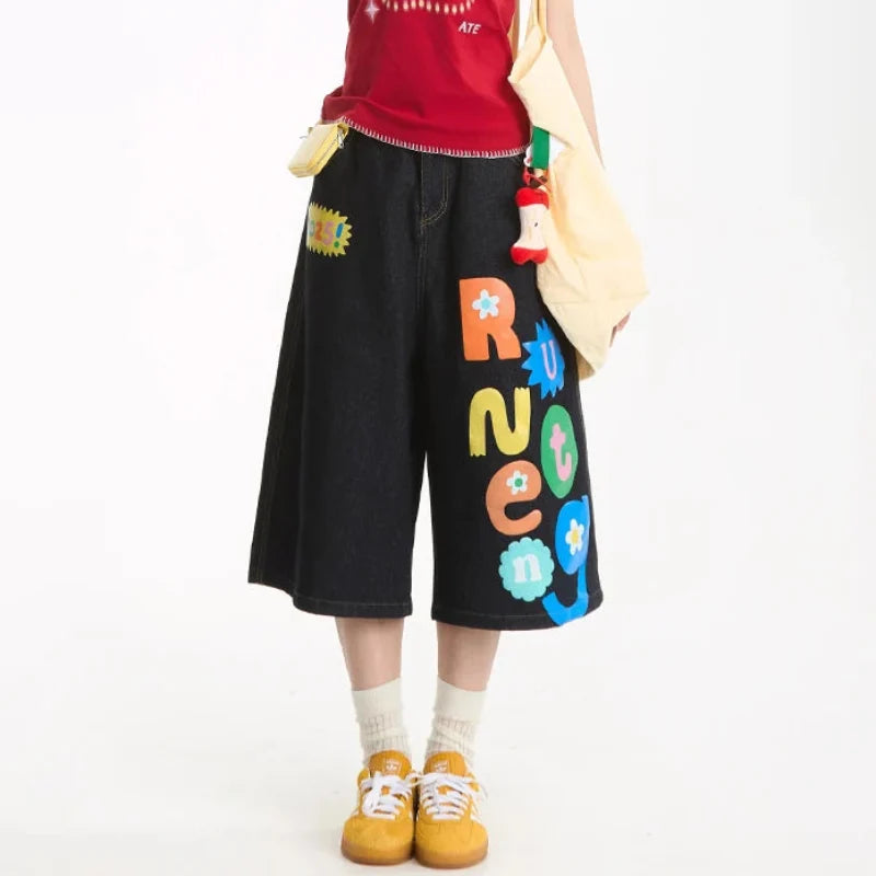 Rainbow Letter Baggy Jean Shorts Jorts — vista posteriore
