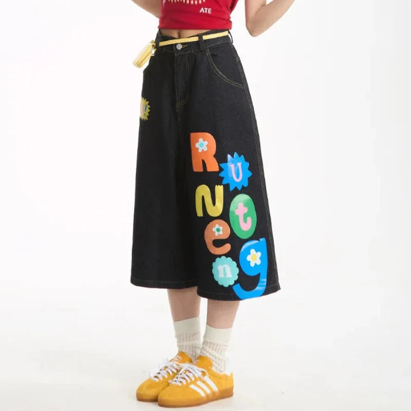 Rainbow Letter Baggy Jean Shorts Jorts — dettaglio