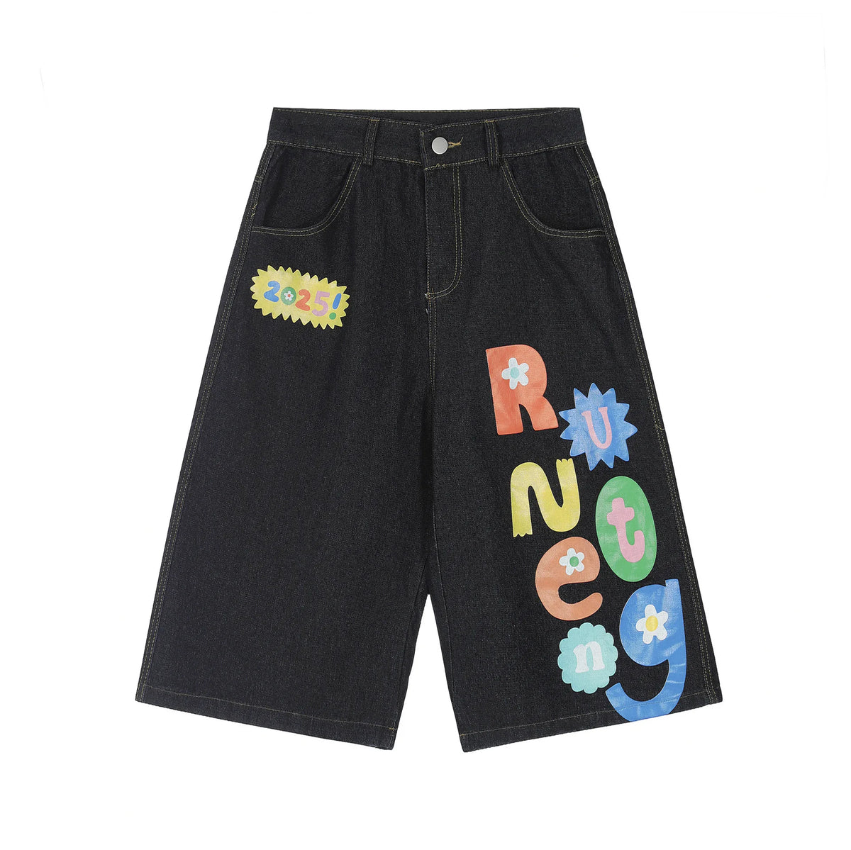 Rainbow Letter Baggy Jean Shorts Jorts — vista laterale