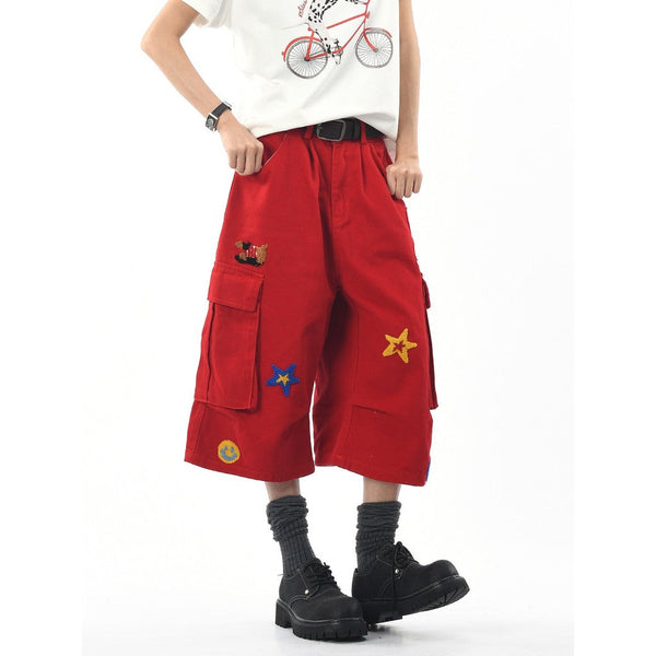 Y2K Red Embroidered Patches Cargo Jorts