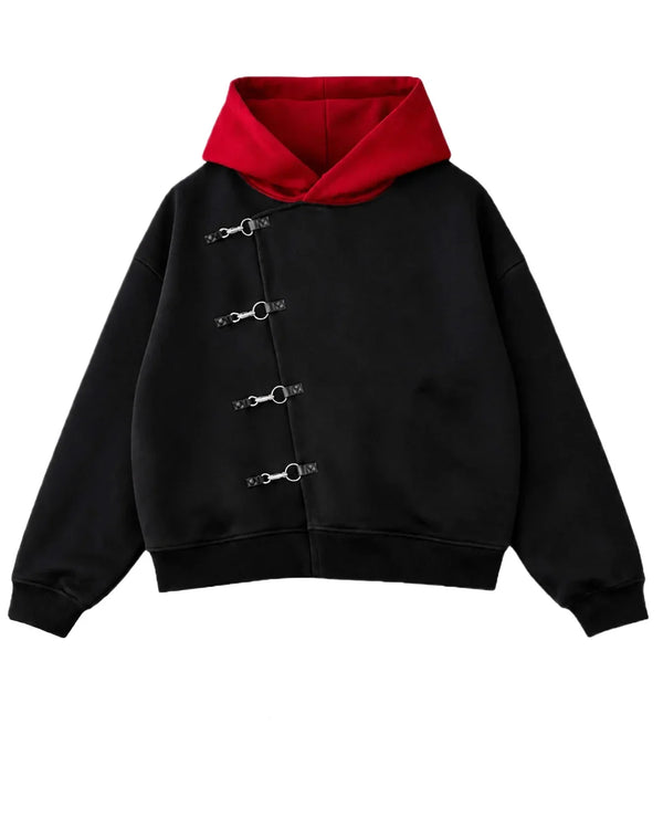 Red Hood Oversized Black Metal Clasp Hoodie — vista frontale
