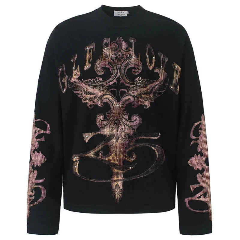 "Regal" Rivet Graphic Long Sleeve Top — vista frontale