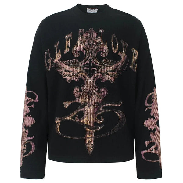 "Regal" Rivet Graphic Long Sleeve Top — vista frontale