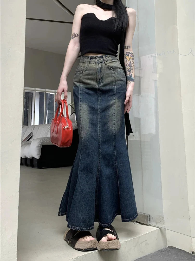 Retro Blue Mermaid Fishtail Denim Long Maxi Skirt — dettaglio