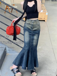 Retro Blue Mermaid Fishtail Denim Long Maxi Skirt — dettaglio della stampa