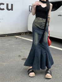 Retro Blue Mermaid Fishtail Denim Long Maxi Skirt — vista laterale