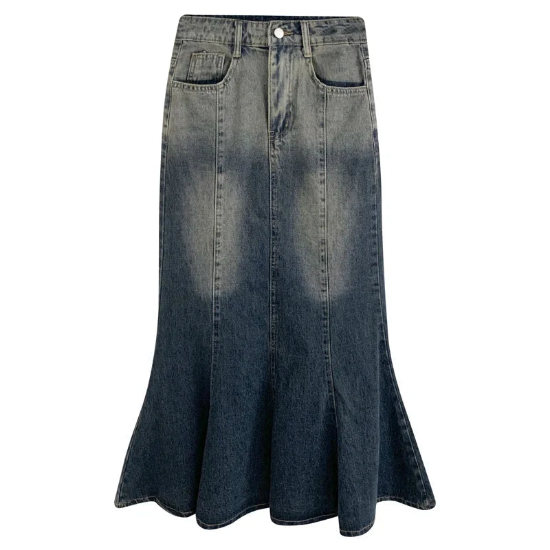Retro Blue Mermaid Fishtail Denim Long Maxi Skirt — vista frontale