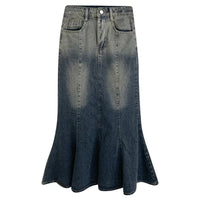 Retro Blue Mermaid Fishtail Denim Long Maxi Skirt — vista frontale