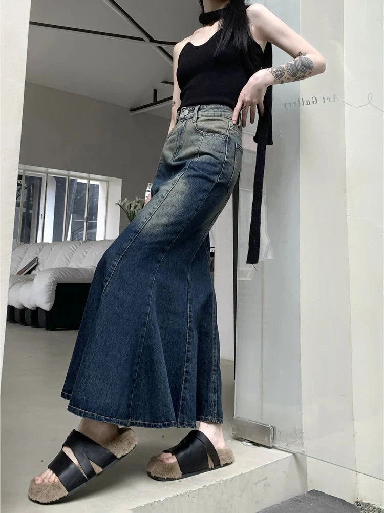 Retro Blue Mermaid Fishtail Denim Long Maxi Skirt — vista posteriore