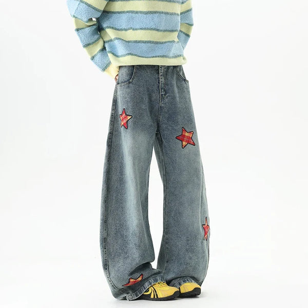 Retro Embroidered Star Patchwork Baggy Barrel Jeans — vista frontale