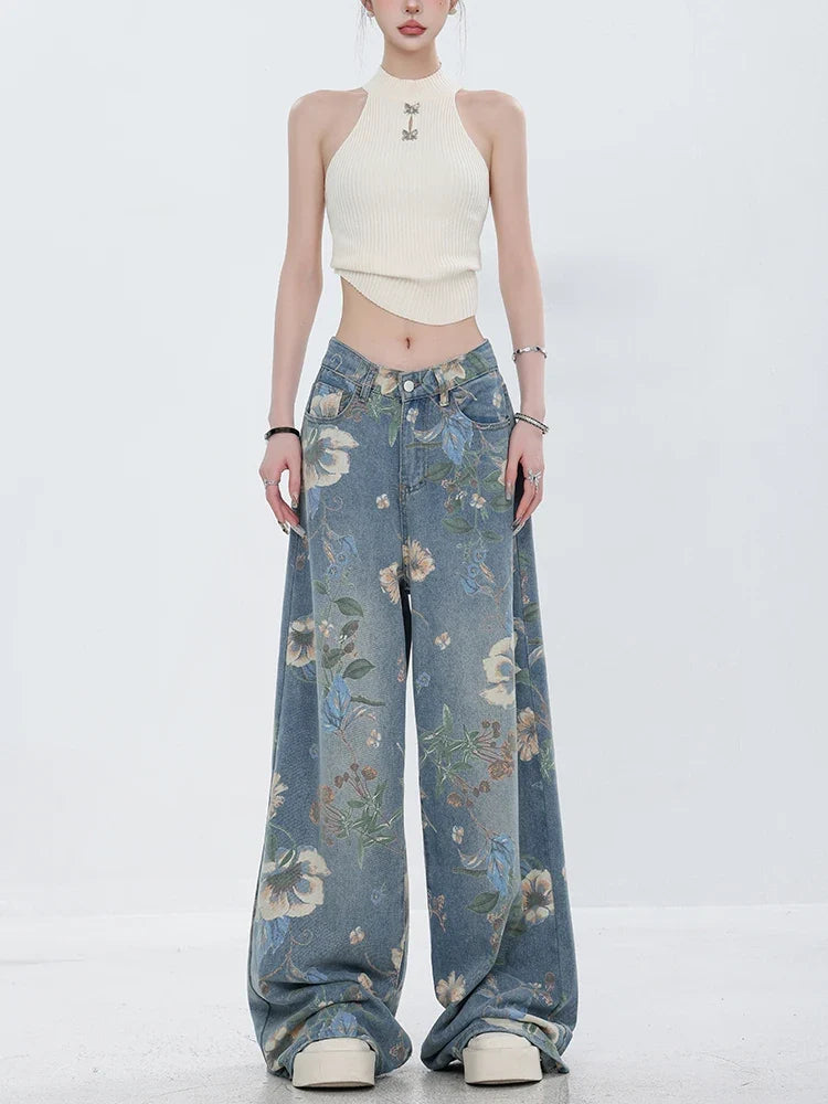 Retro Floral Denim Mopping Jeans — vista posteriore