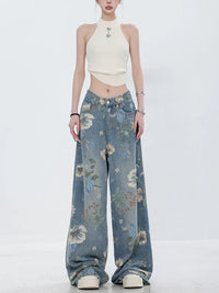 Retro Floral Denim Mopping Jeans — vista posteriore