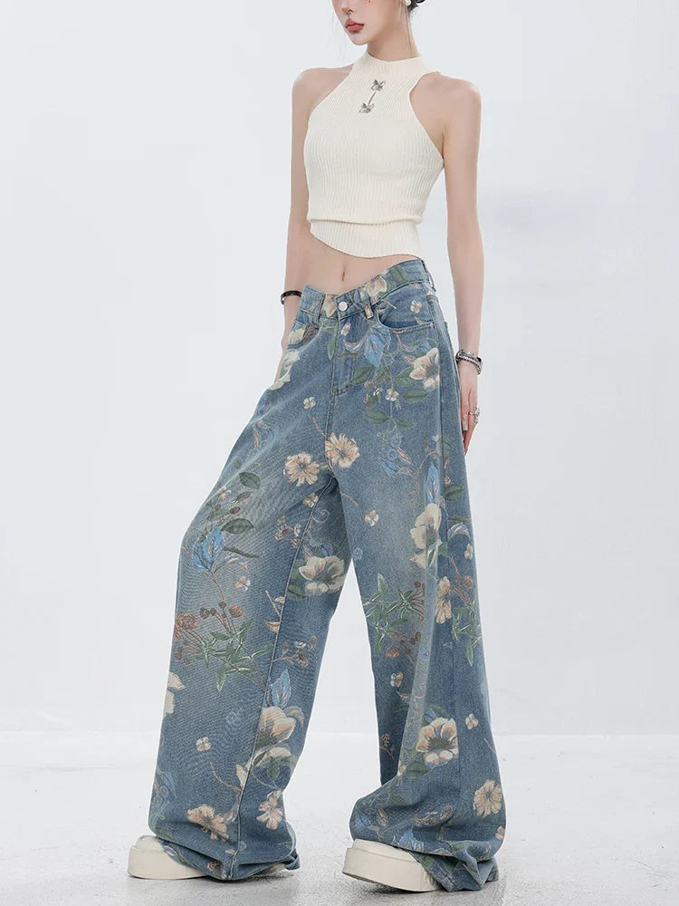 Retro Floral Denim Mopping Jeans — dettaglio