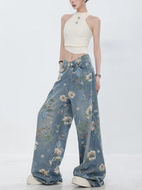 Retro Floral Denim Mopping Jeans — dettaglio
