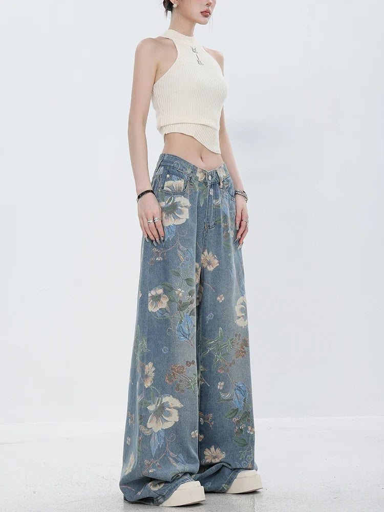 Retro Floral Denim Mopping Jeans — dettaglio della stampa