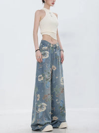 Retro Floral Denim Mopping Jeans — dettaglio della stampa