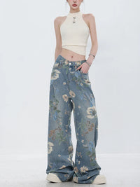 Retro Floral Denim Mopping Jeans — vista frontale