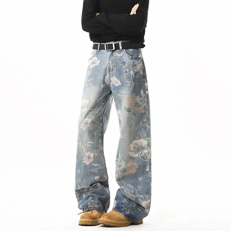 Retro Floral Print Straight Leg Jeans — vista posteriore