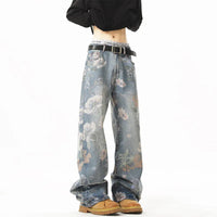 Retro Floral Print Straight Leg Jeans — dettaglio della stampa