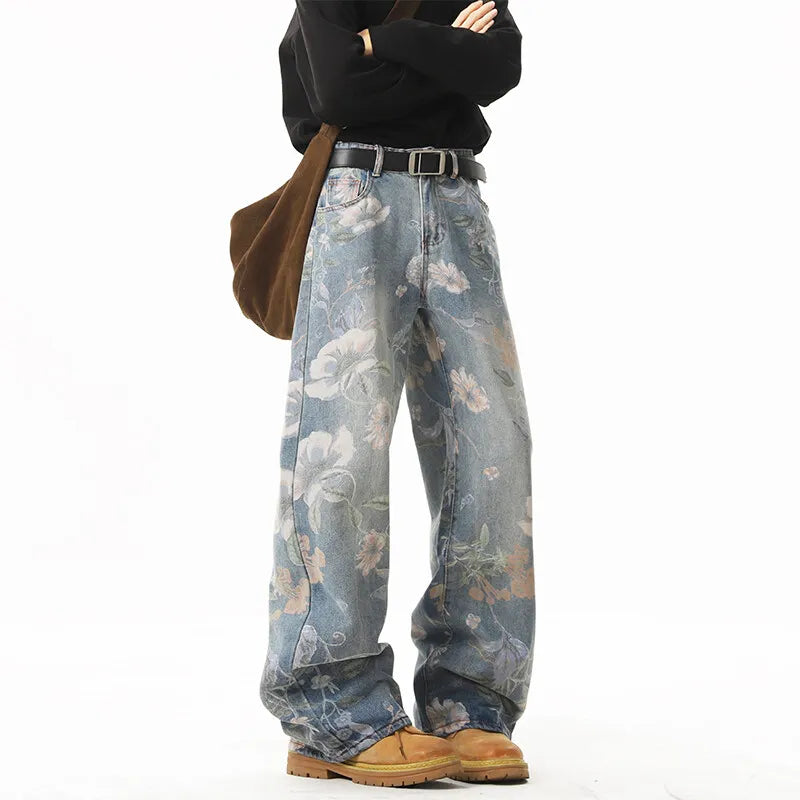 Retro Floral Print Straight Leg Jeans — vista frontale