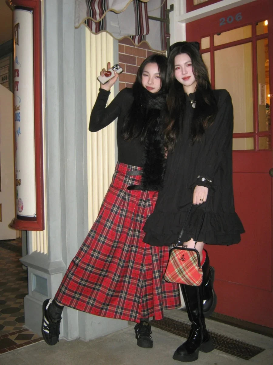 Retro French Red Plaid A Line Maxi — vista frontale
