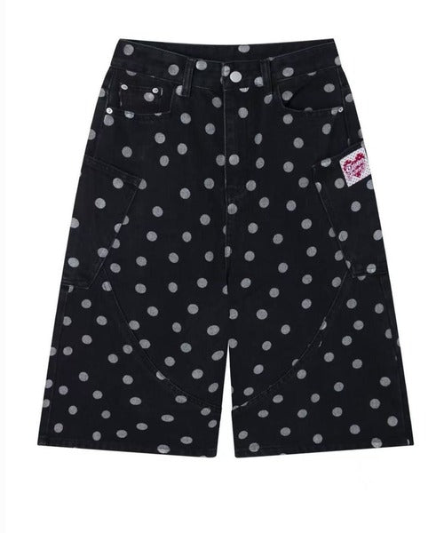 Retro Polka Dot Design Denim Shorts Jorts — vista frontale