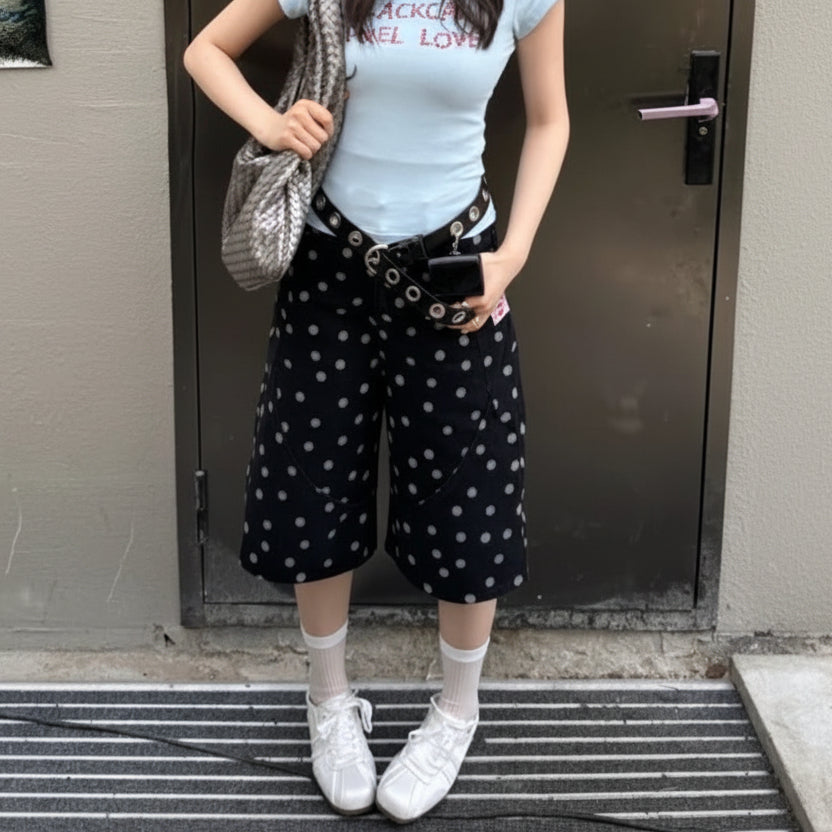 Retro Polka Dot Design Denim Shorts Jorts — dettaglio