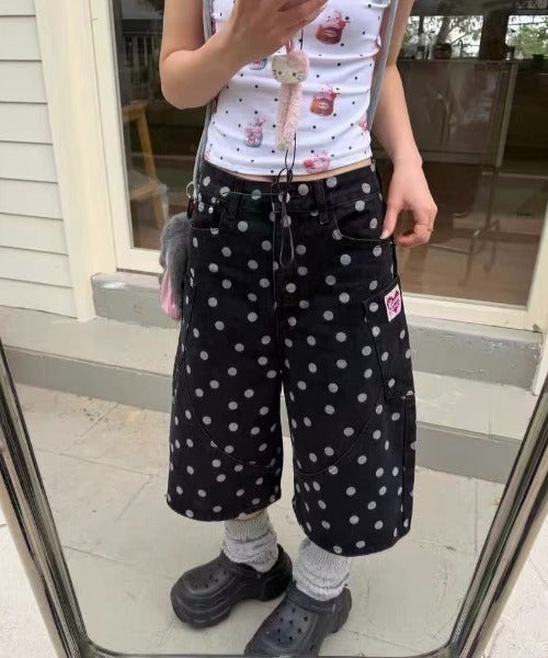Retro Polka Dot Design Denim Shorts Jorts — dettaglio della stampa