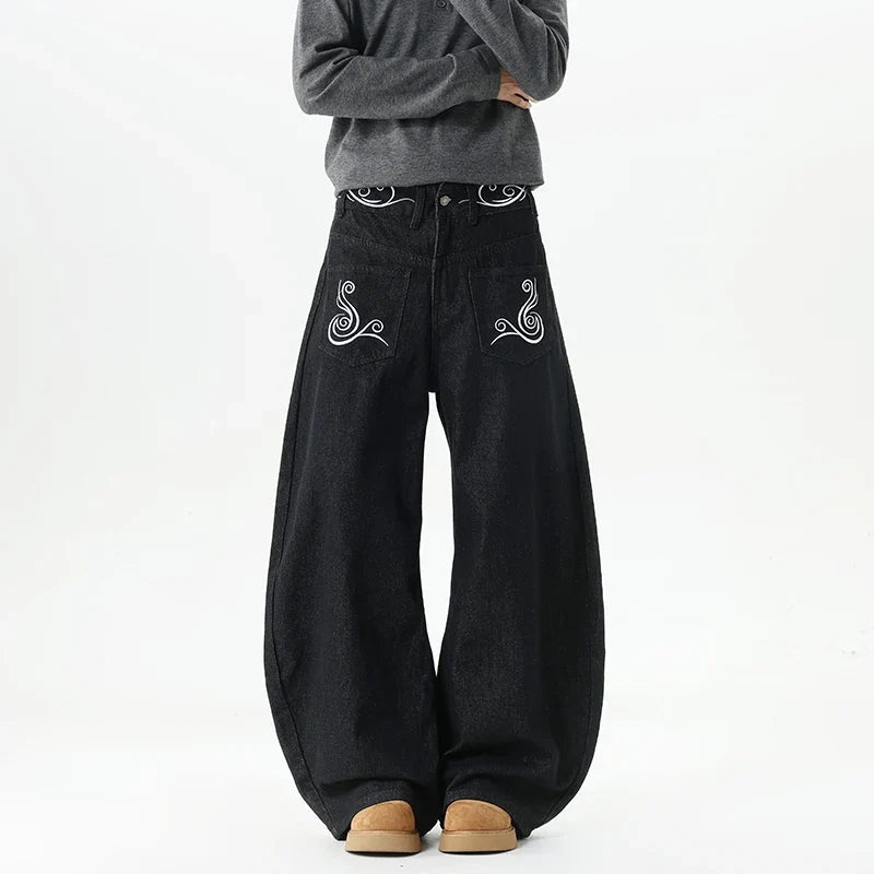 Retro Western Embroidered Baggy Barrel Jeans — vista frontale