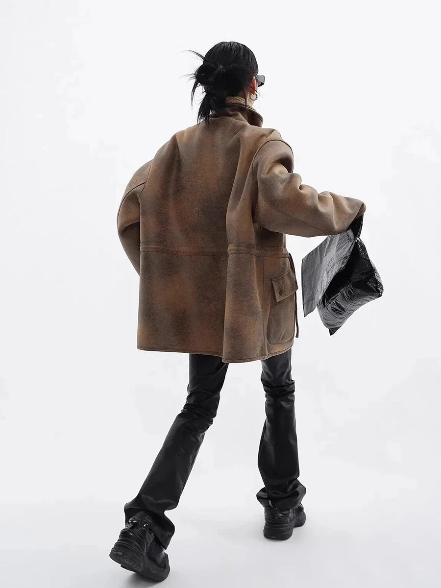 Reversible Sherpa Fleece Cargo Leather Jacket Coat — dettaglio