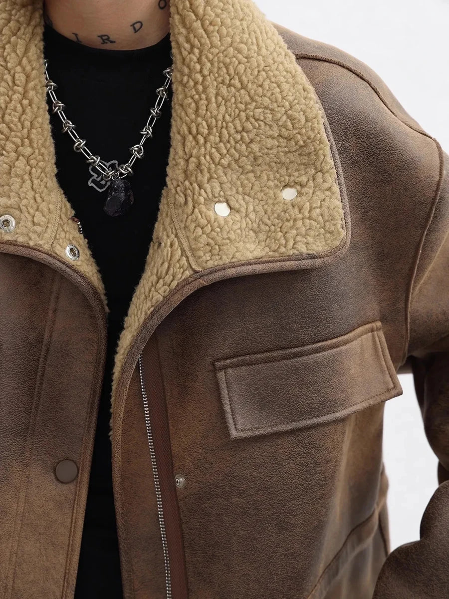 Reversible Sherpa Fleece Cargo Leather Jacket Coat — in alternativa