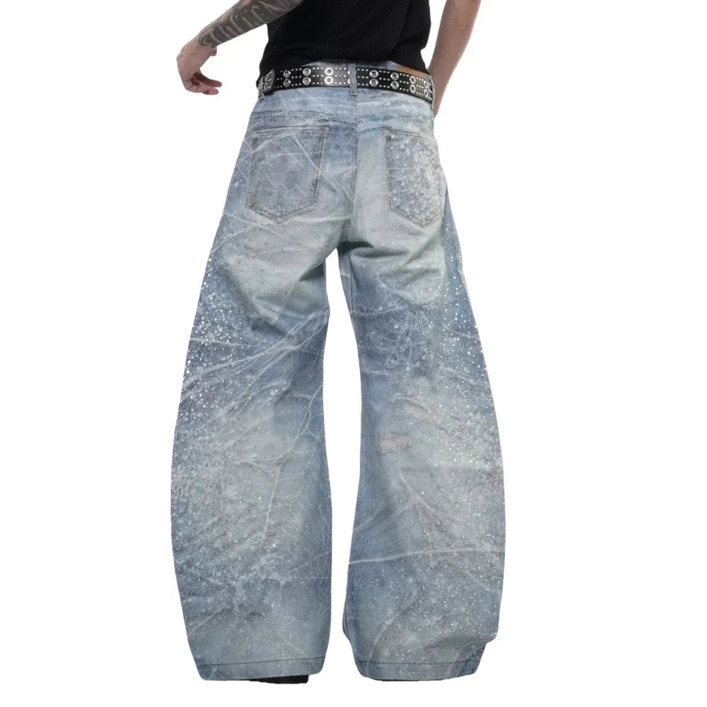 Rhinestone Distressed Baggy Denim Curved Barrel Jeans — dettaglio