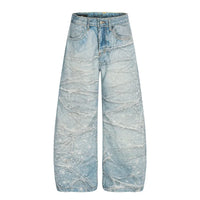 Rhinestone Distressed Baggy Denim Curved Barrel Jeans — vista frontale