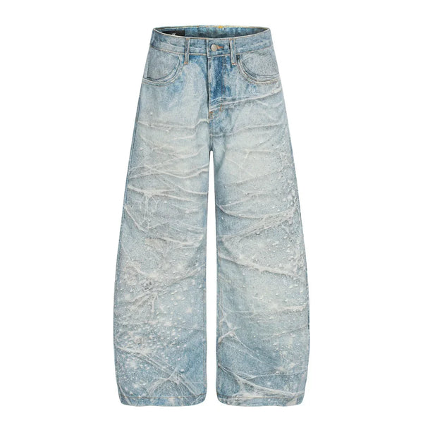 Rhinestone Distressed Baggy Denim Curved Barrel Jeans — vista frontale
