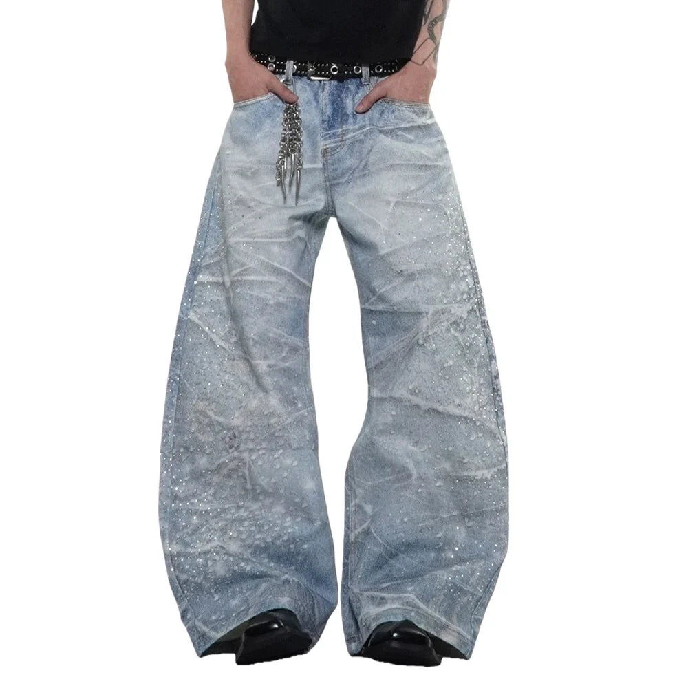 Rhinestone Distressed Baggy Denim Curved Barrel Jeans — vista posteriore